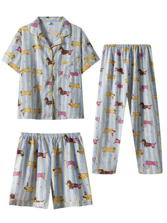 3-in-1 Dachshund Print Pajama Set – Shirt, Shorts & Pants