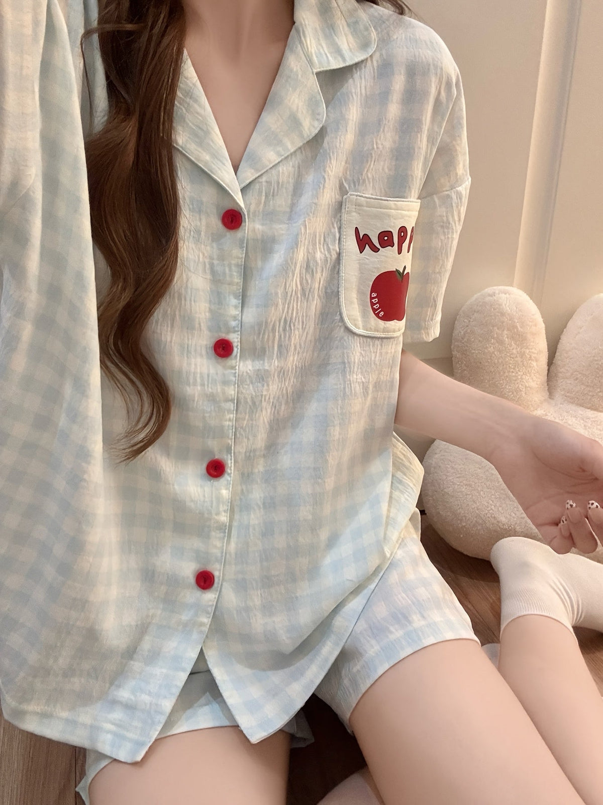 Sky Blue Gingham Apple Pocket Pajama Set