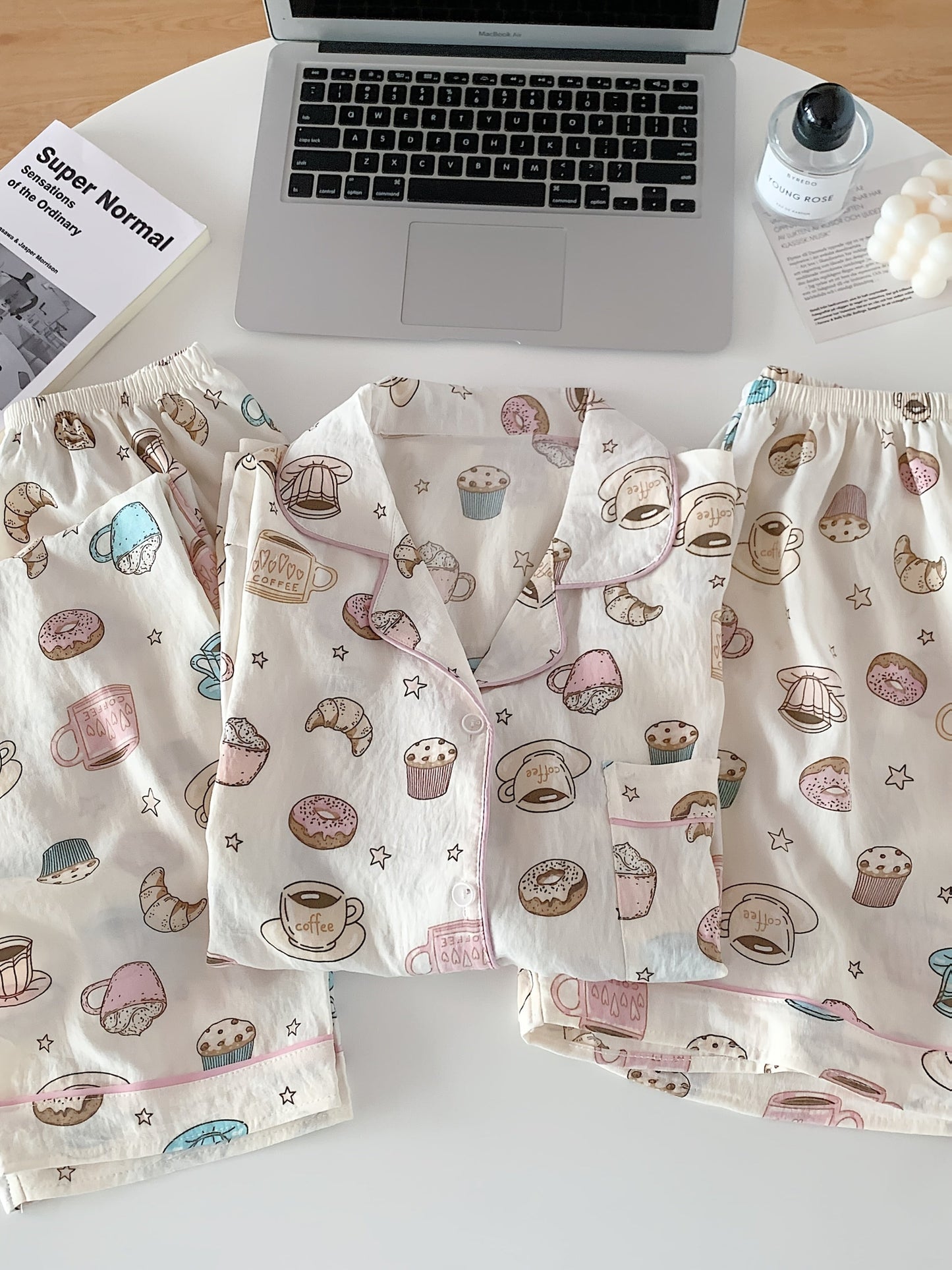 Coffee & Donuts Print Pajama Set – Shirt, Shorts & Pants