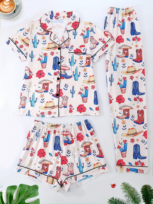 Western Vibes Printed Nightwear Set (3-Piece Combo)