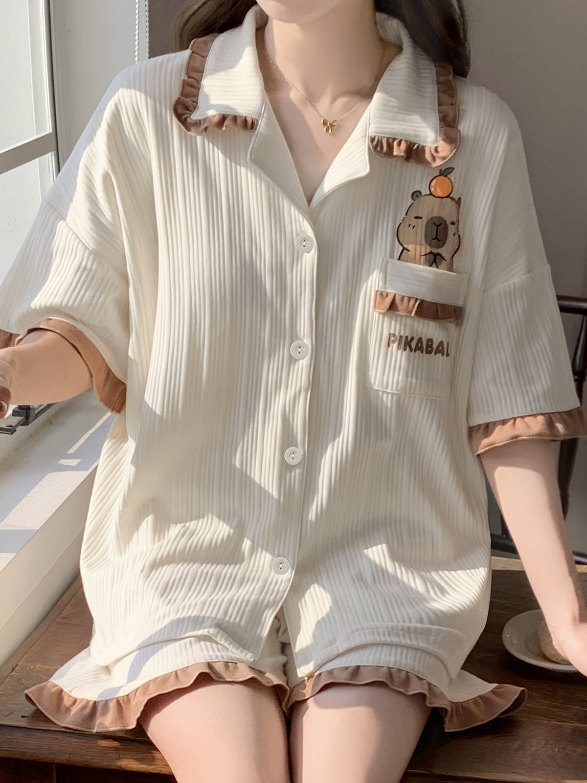 Cream Ribbed Teddy Ruffle Pajama Set