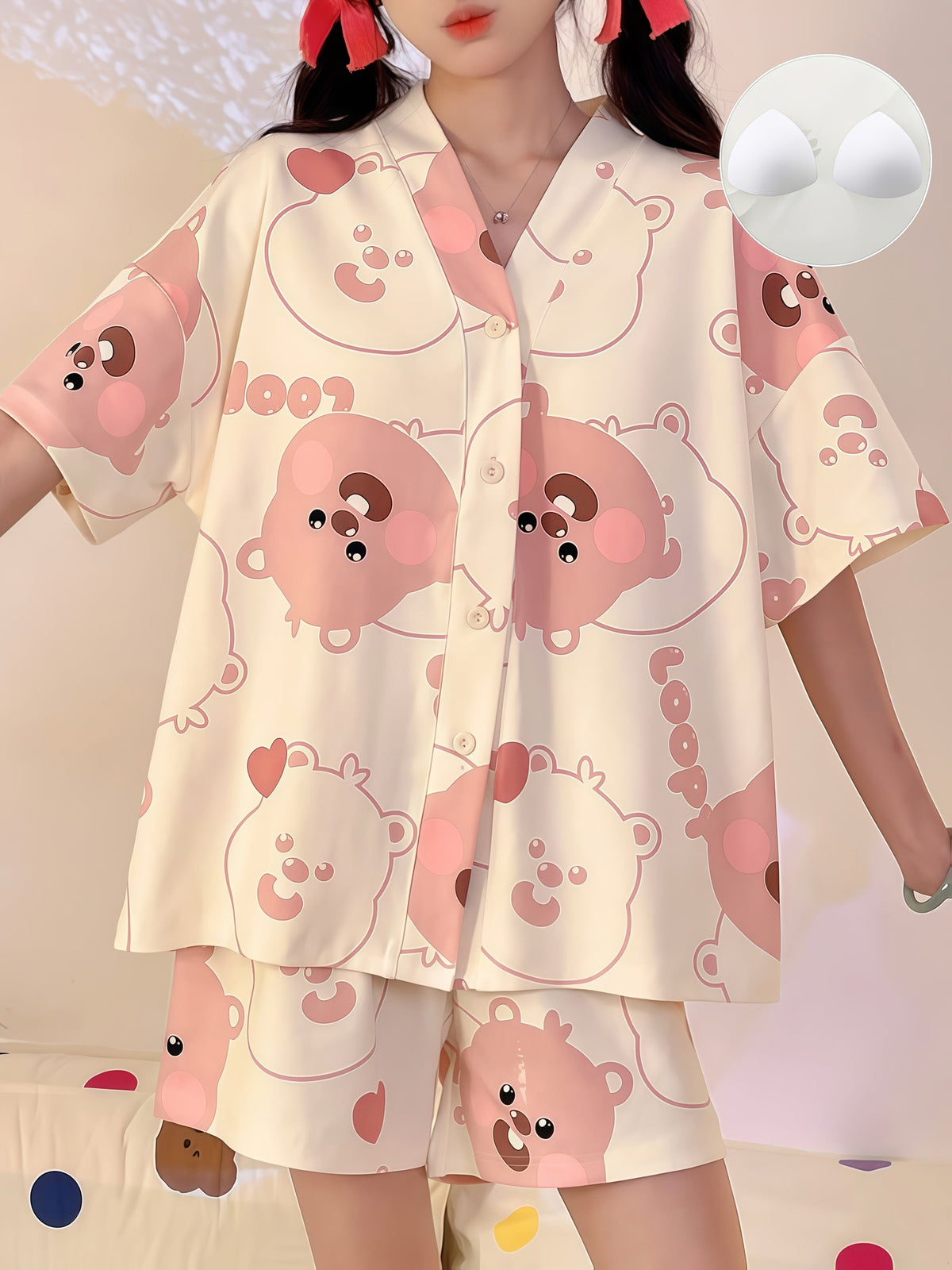 Pink Bear Printed Pajama Set