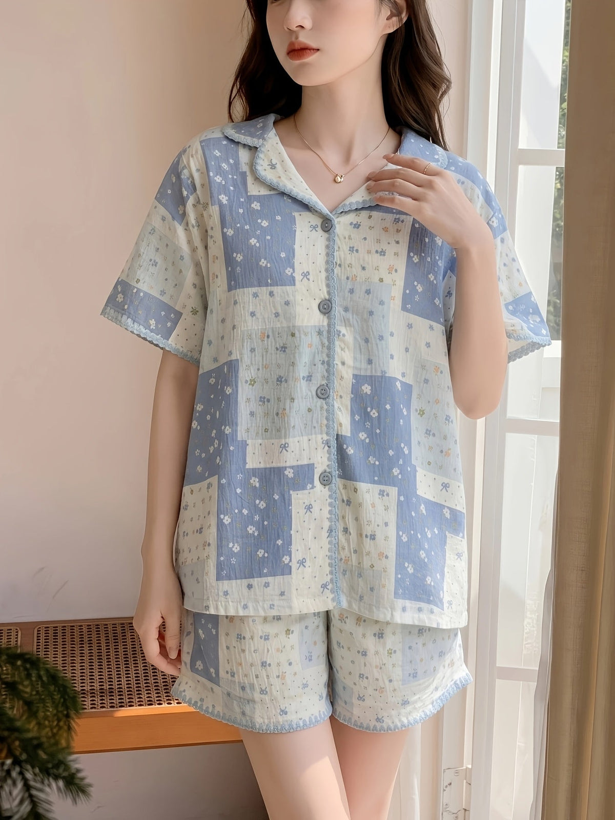 Blue Patchwork Floral Women’s Pajama Set
