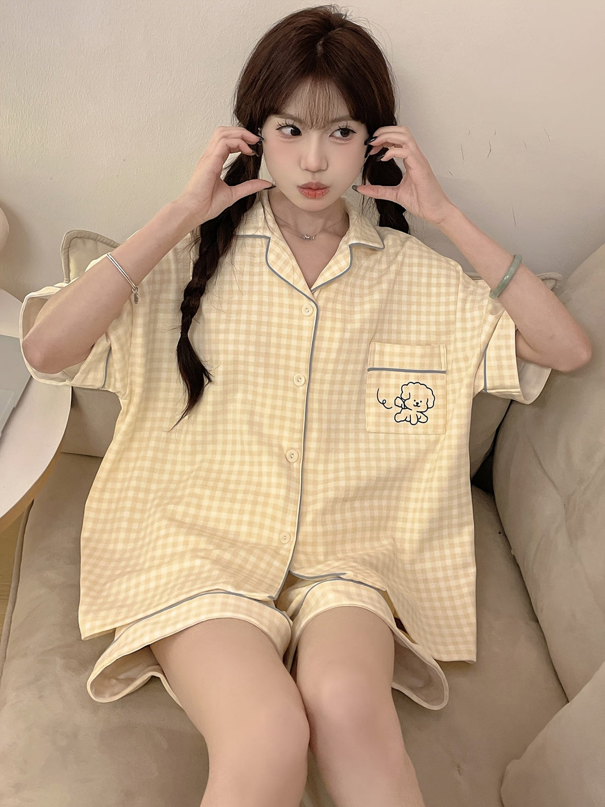 Cream Gingham Puppy Pajama Set