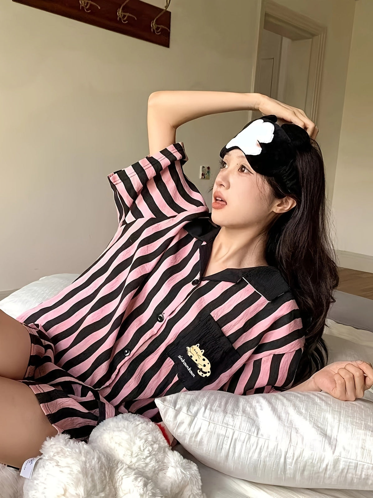 Pink & Black Striped Cute Cartoon Pajama Set