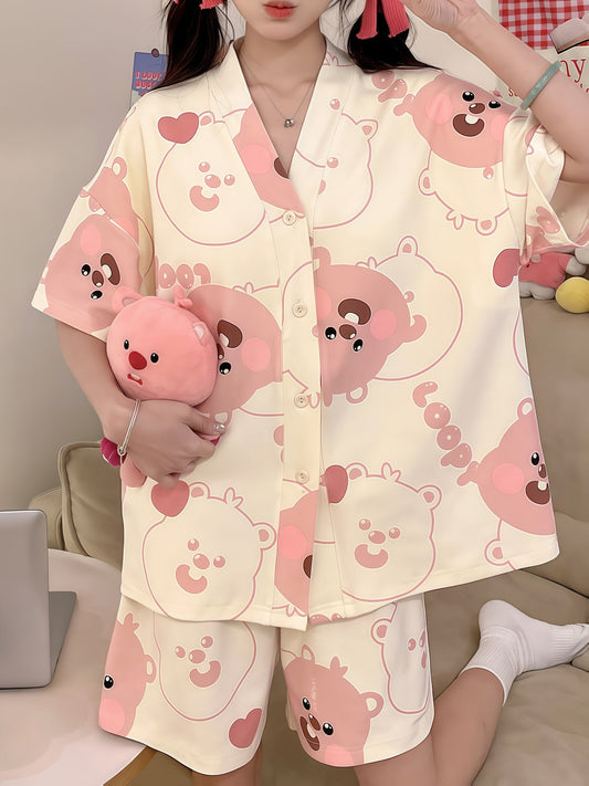 Pink Bear Printed Pajama Set