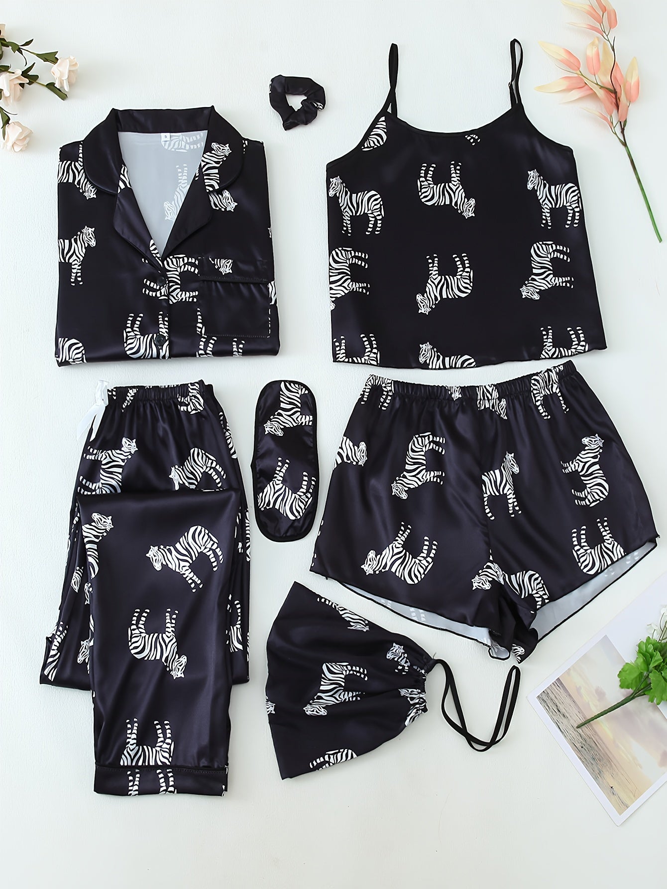 Zebra Print Satin 7-Piece Nightwear Set
