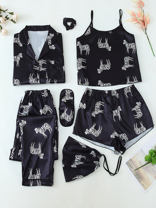 Zebra Print Satin 7-Piece Nightwear Set