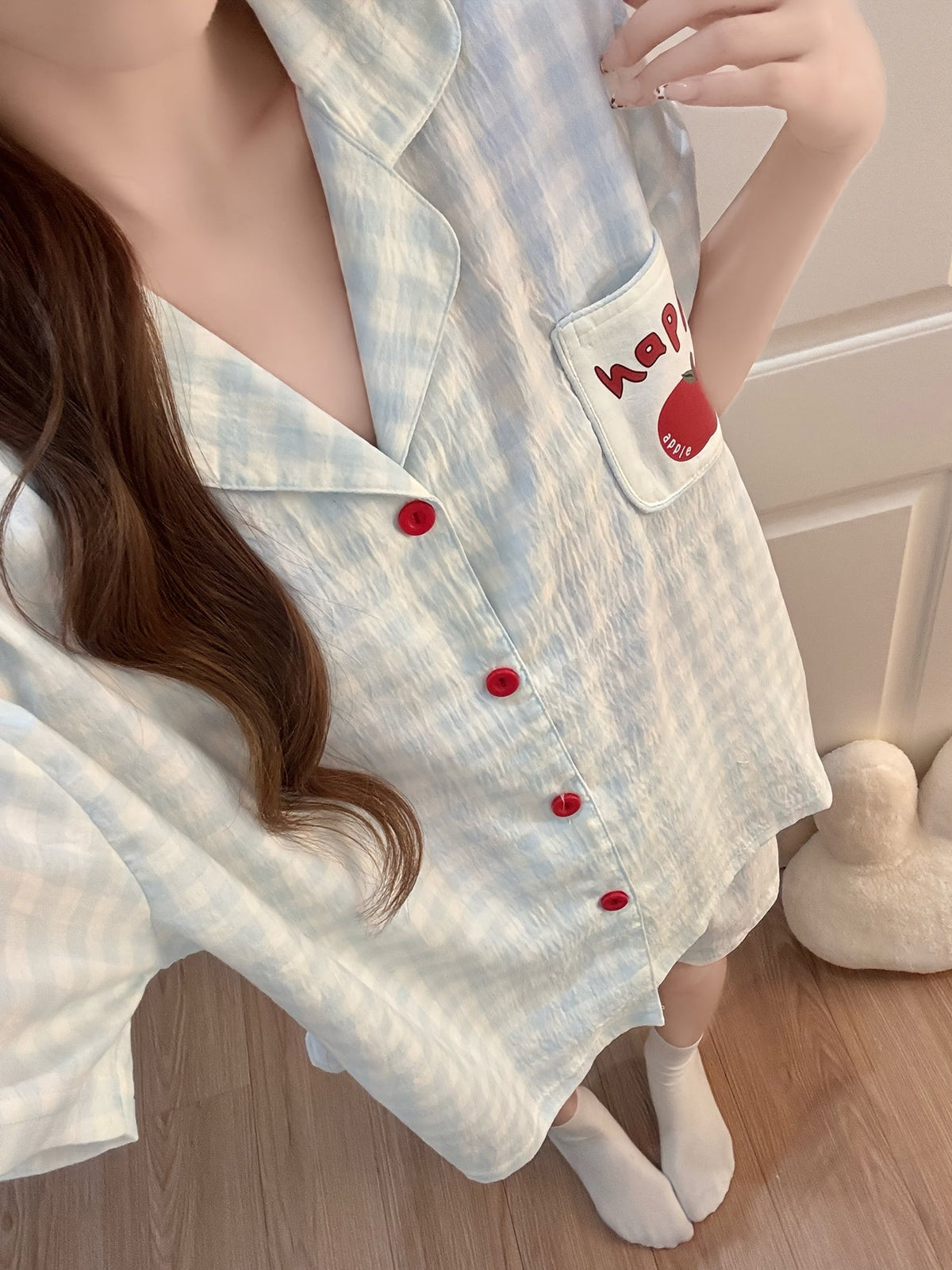 Sky Blue Gingham Apple Pocket Pajama Set