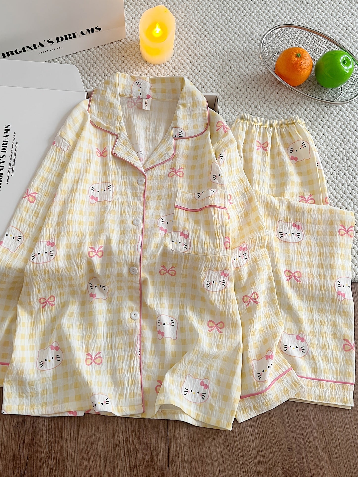 Yellow Gingham Kitty Pajama Set – Button Shirt & Pants