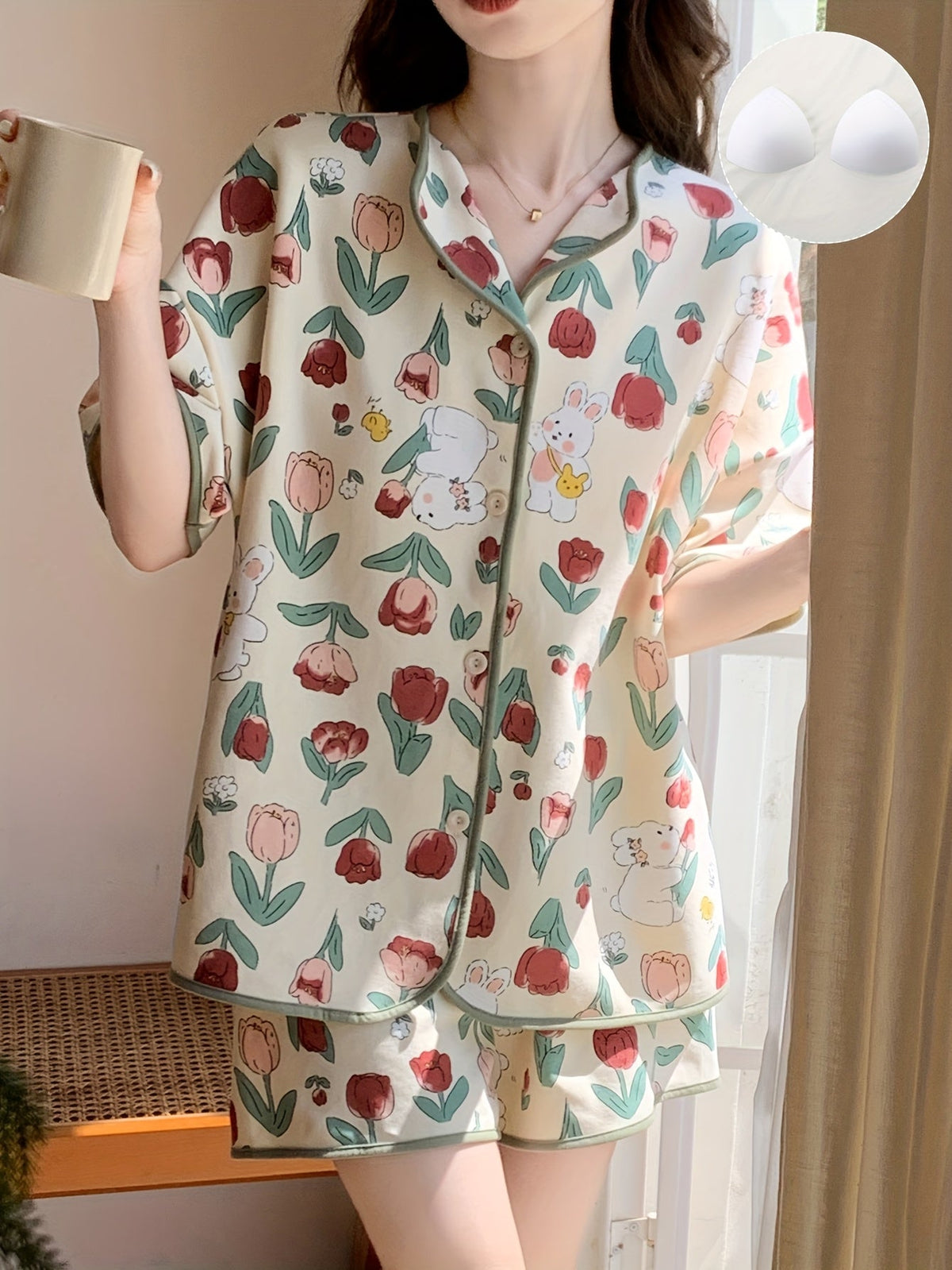 Floral Bunny Print Pajama Set