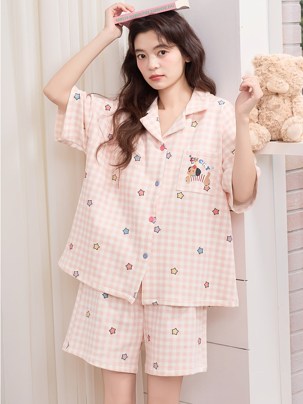 Pink Gingham Star Print Pajama Set