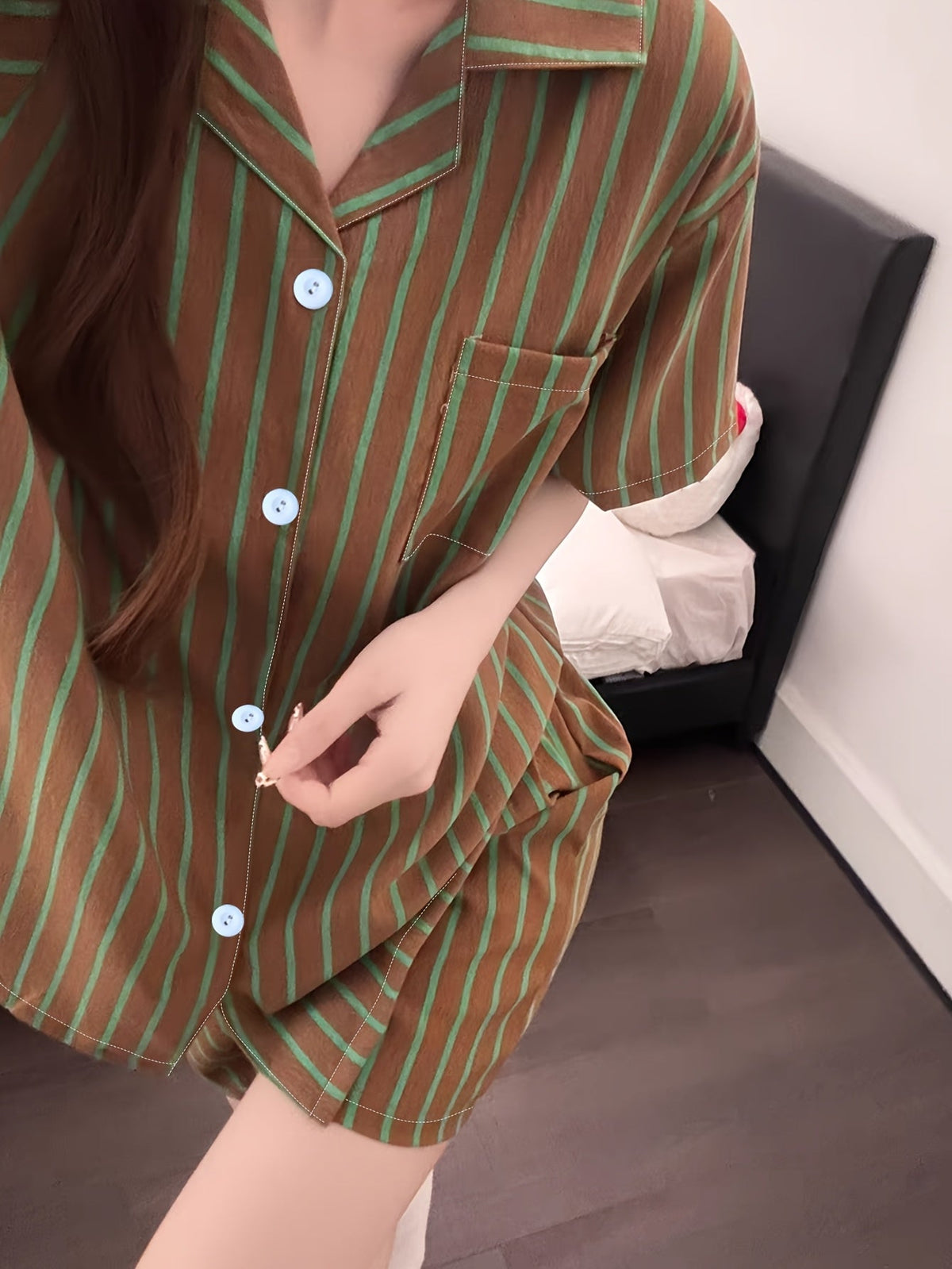 Mocha Green Stripe Pajama Set