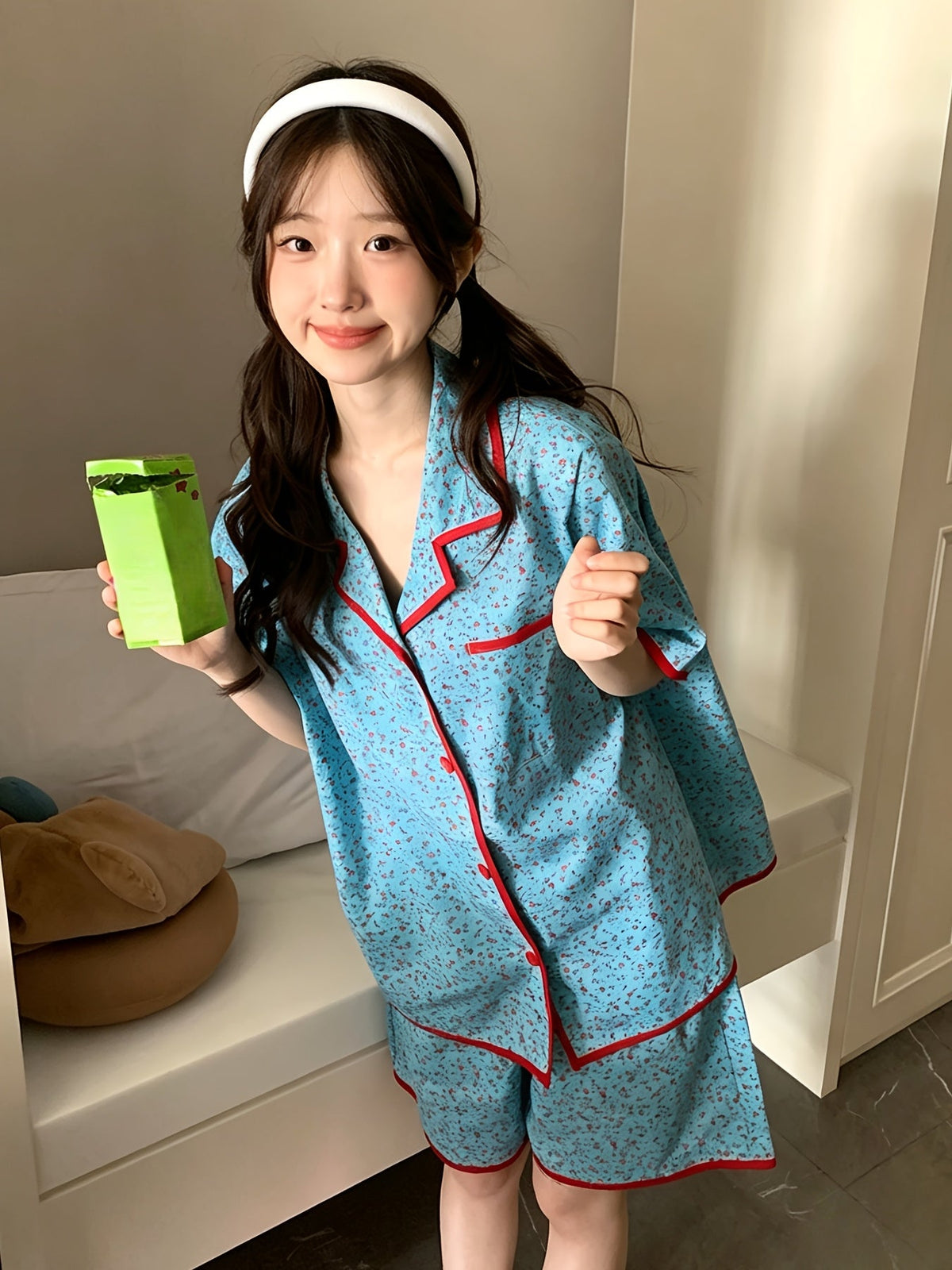 Blue Floral Print Pajama Set