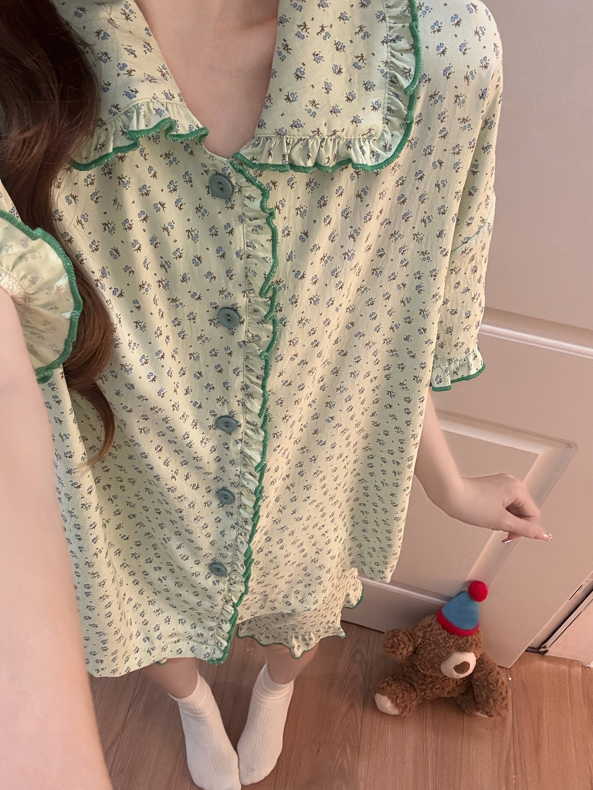 Mint Green Floral Ruffle Pajama Set