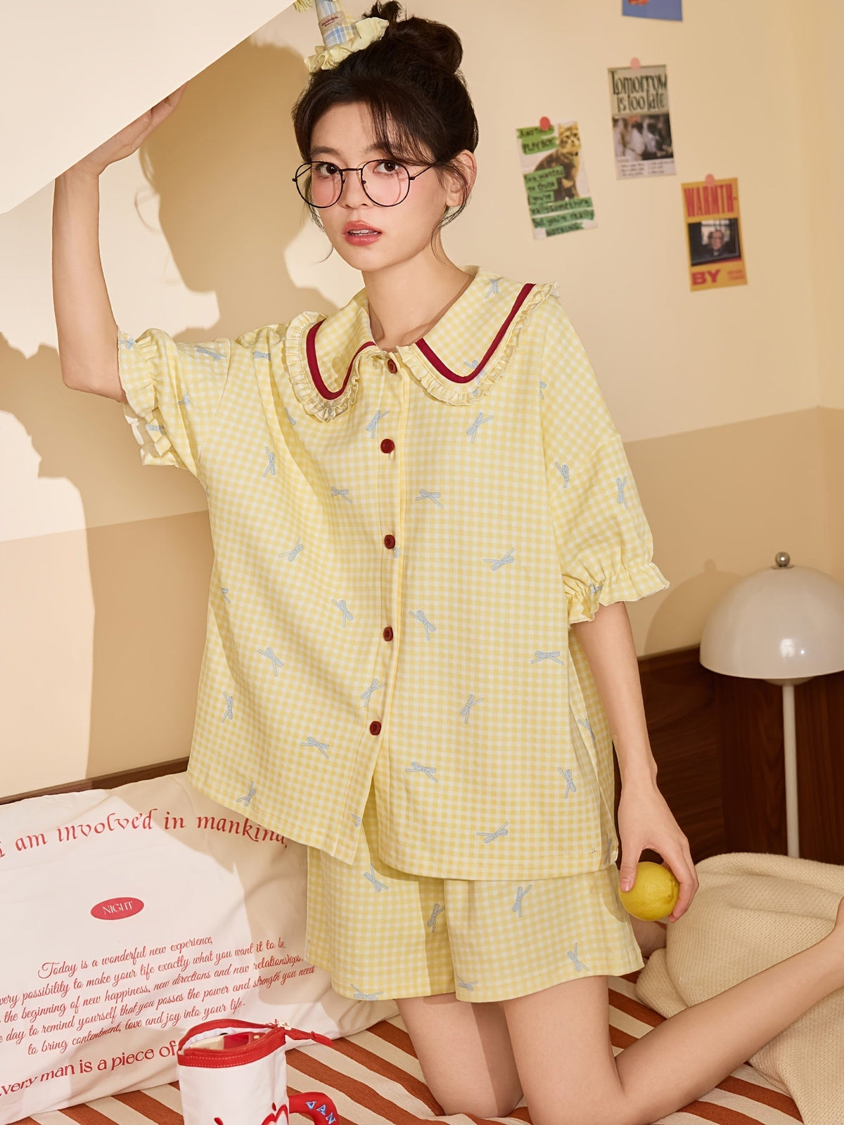 Yellow Bow Print Pajama Set