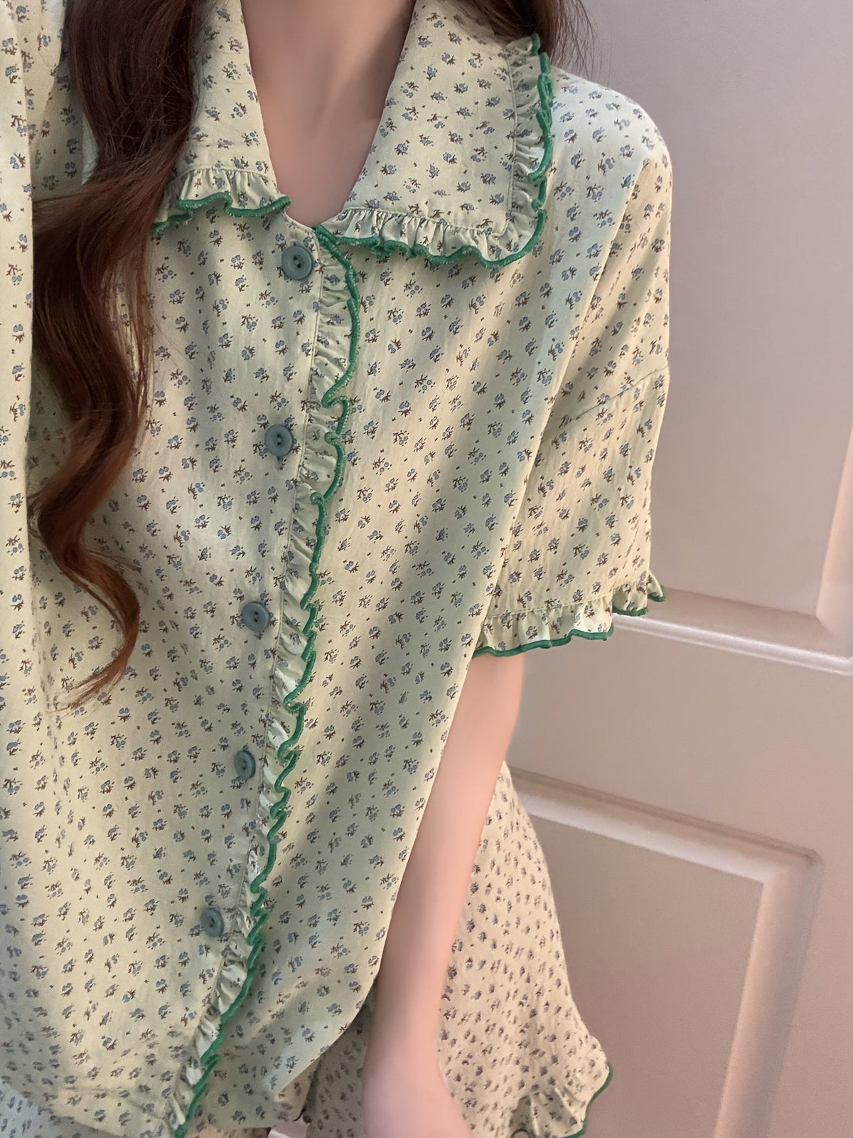 Mint Green Floral Ruffle Pajama Set