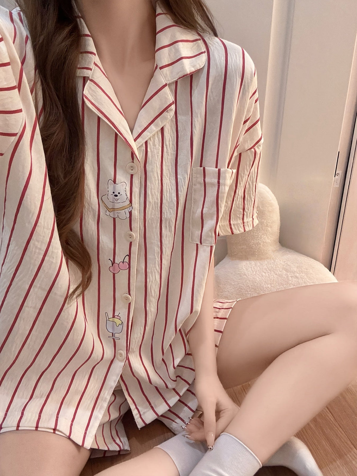 Ivory Red Stripe Cat Pajama Set