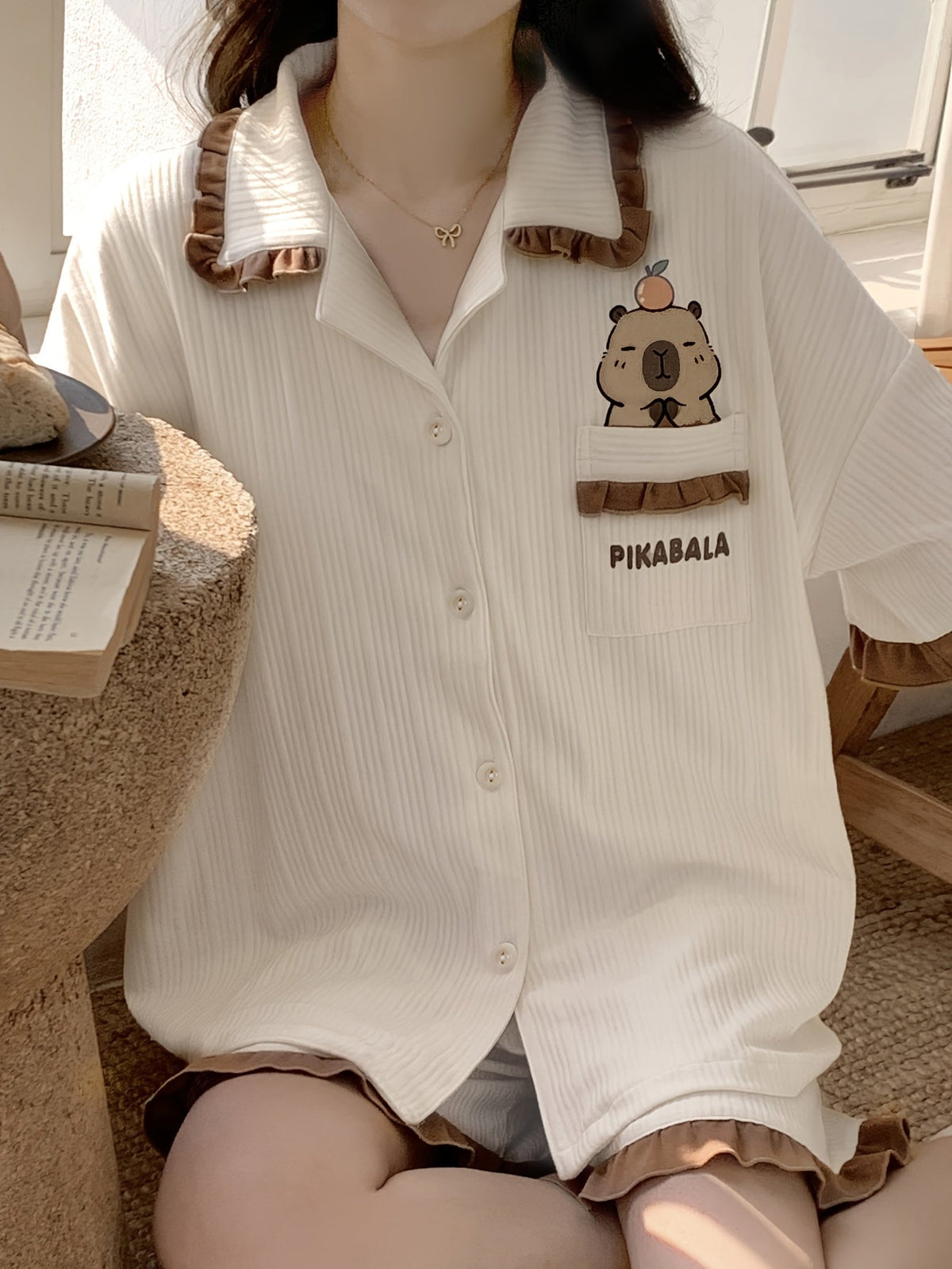 Cream Ribbed Teddy Ruffle Pajama Set