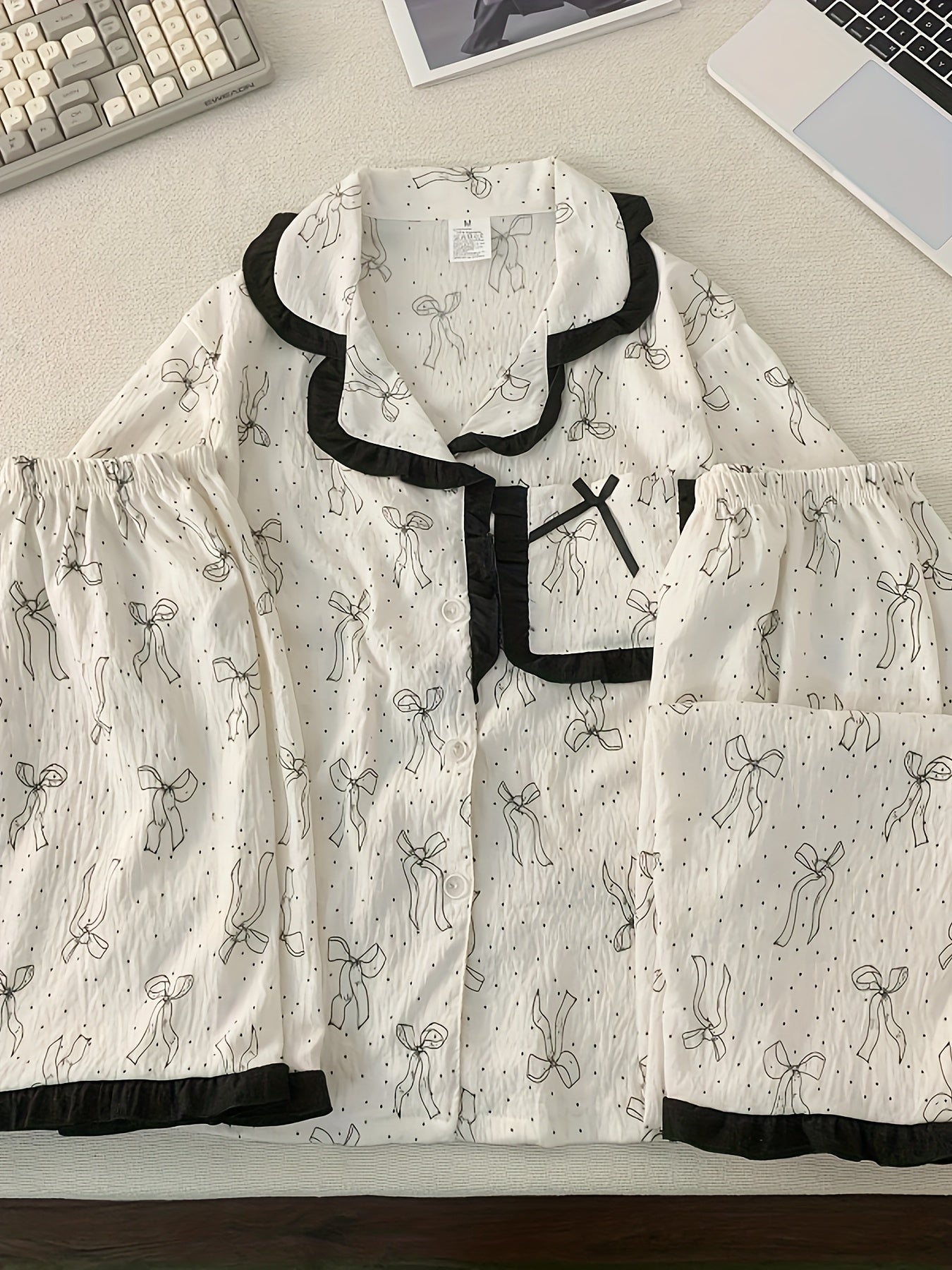 Elegant Bow Print Pajama Set – 3-in-1 (Shirt, Shorts & Pants)