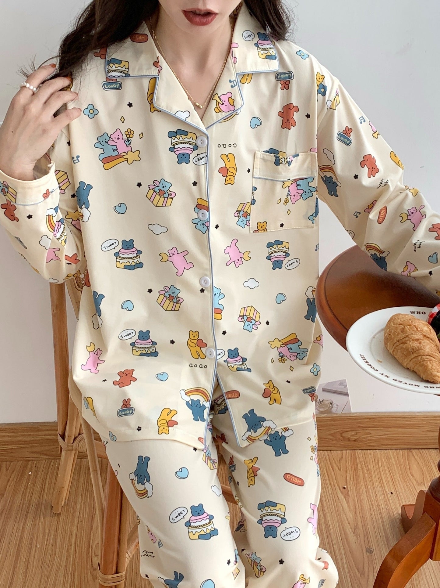 Cartoon Bear & Rainbow Pajama Set – Shirt & Pants