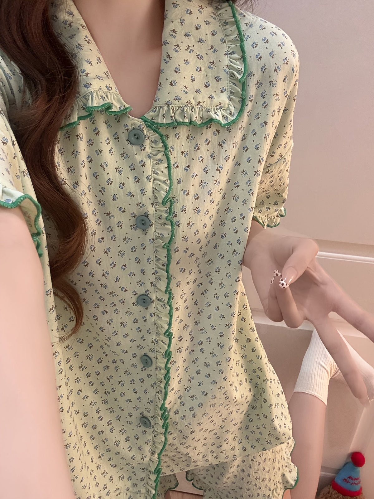 Mint Green Floral Ruffle Pajama Set