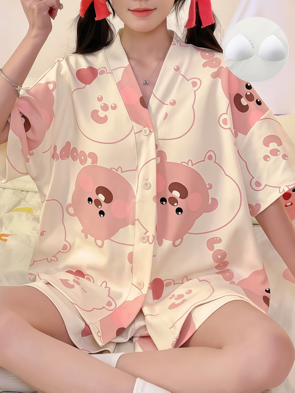 Pink Bear Printed Pajama Set