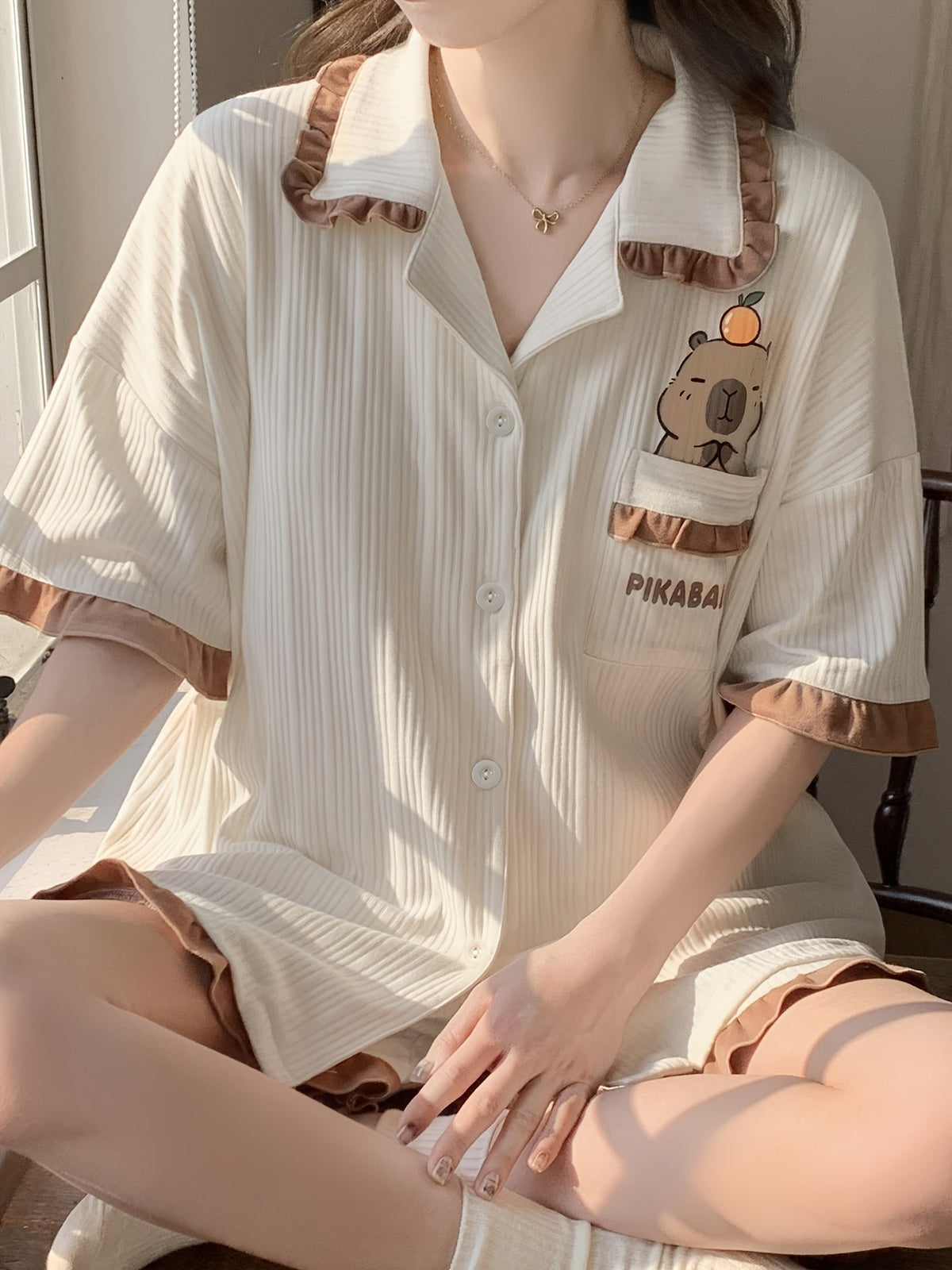 Cream Ribbed Teddy Ruffle Pajama Set
