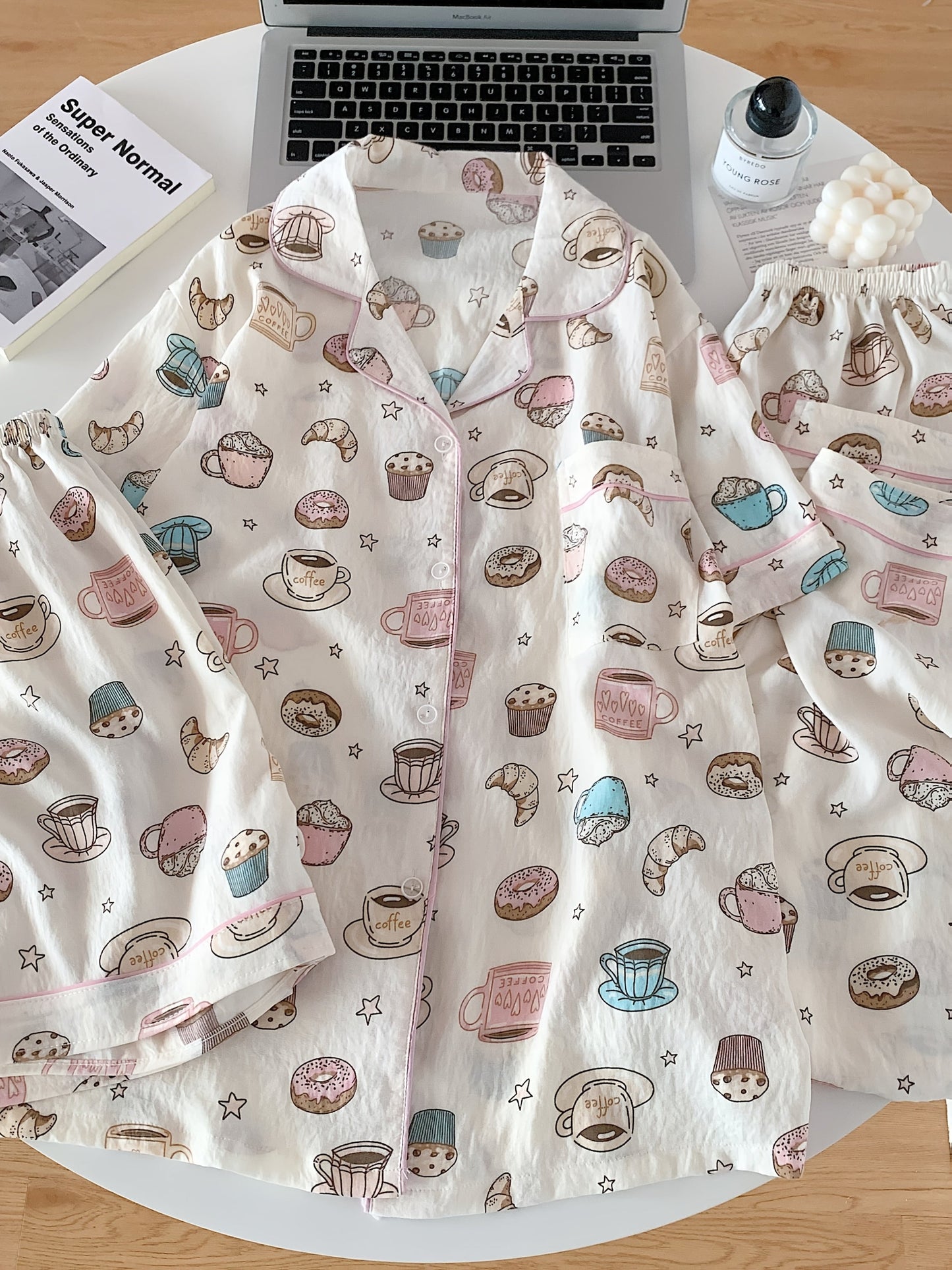 Coffee & Donuts Print Pajama Set – Shirt, Shorts & Pants