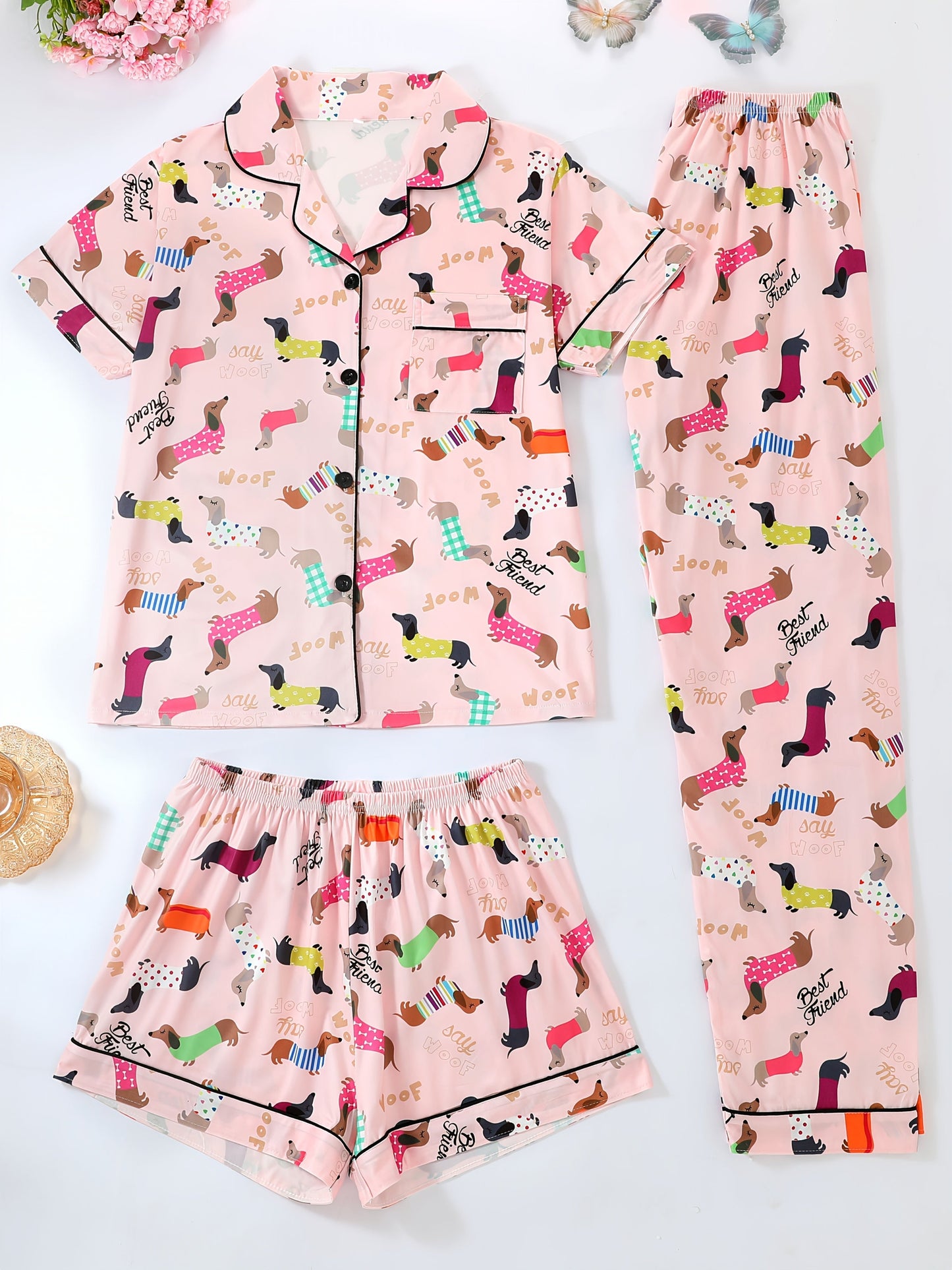 Puppy Love Satin Nightwear Set (3-Piece Combo)